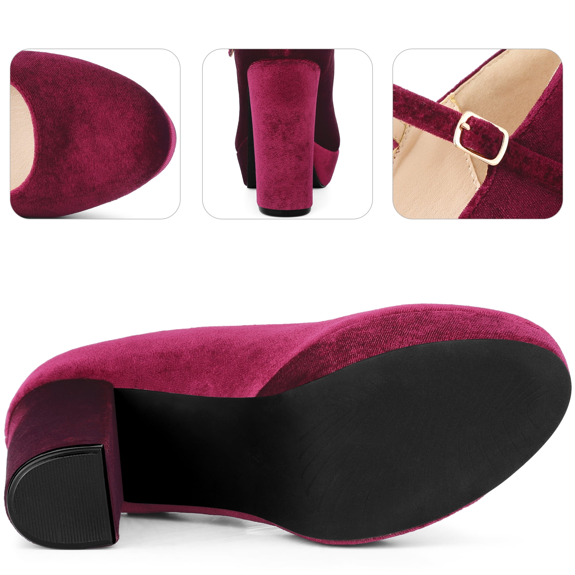 DARING DIVA Women's Velvet Ankle Strap Platform Block Heels Mary Jane Pumps Burgundy 11