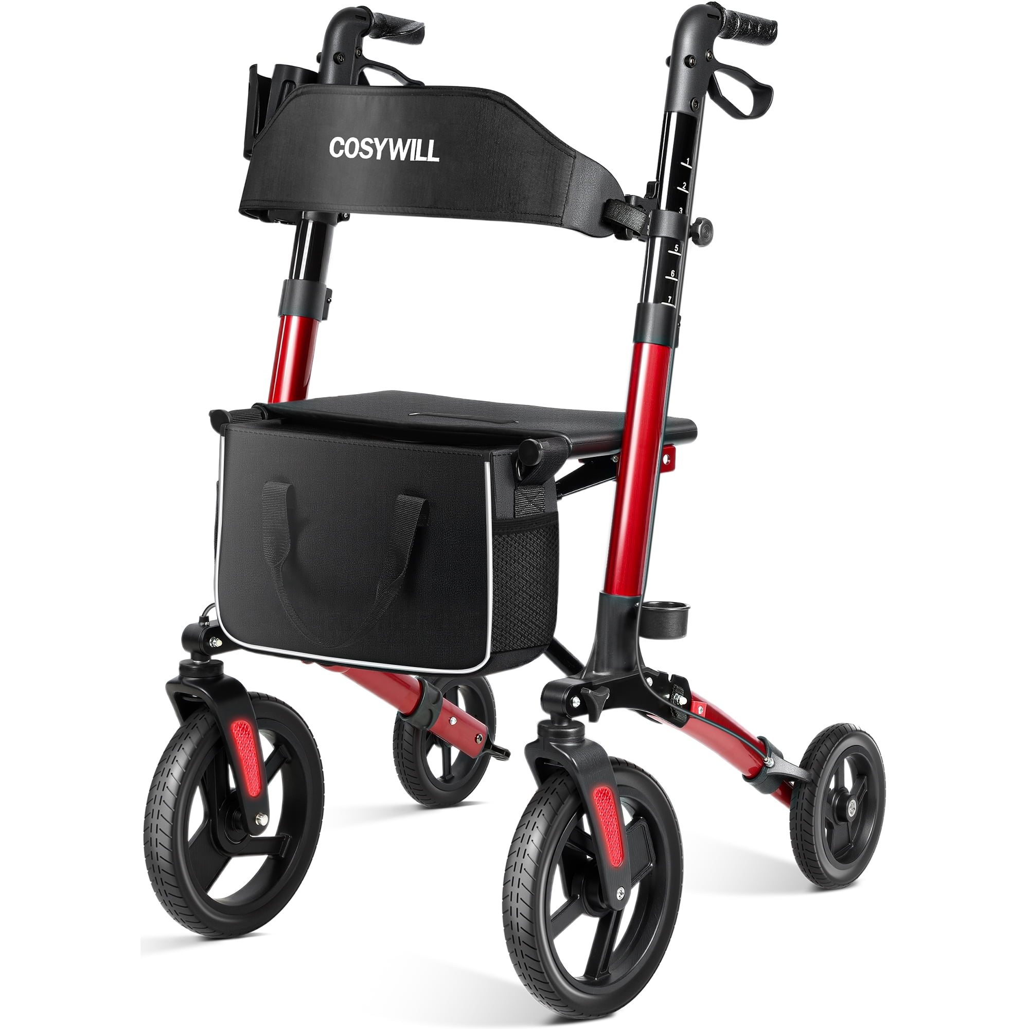 COSYWILL Walkers for Seniors,Foldable Rollator Walker with Seat,Mobility Walkers with 10" Big Wheels, Adjustable Handles and Backrest Height,Light Red