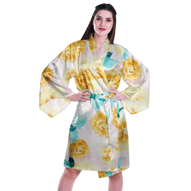 Moomaya Printed Womens Kimono Sleeve Robes Satin Silk Getting Ready Bridal Robe Coverup