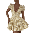 thumbnail image 1 of Vestido de Verano Ajustado con Escote en V para Mujer, Estampado, Mangas Abullonadas, Cordón Ajustable, Amarillo M, 1 of 10