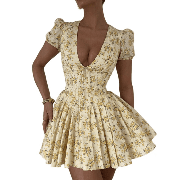 Vestido de Verano Ajustado con Escote en V para Mujer, Estampado, Mangas Abullonadas, Cordón Ajustable, Amarillo M