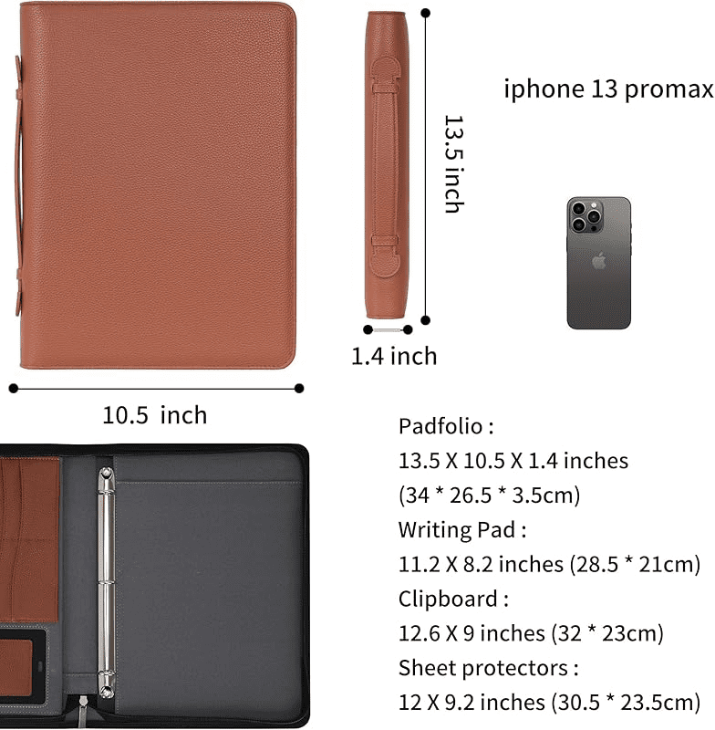 Wonderpool Travel Zippered Portfolio 3 Ring Binder A4 Padfolio Document Case with Removable Clipboard Legal Pad Holder, Business Office School Organizer for Men and Women (Brown)