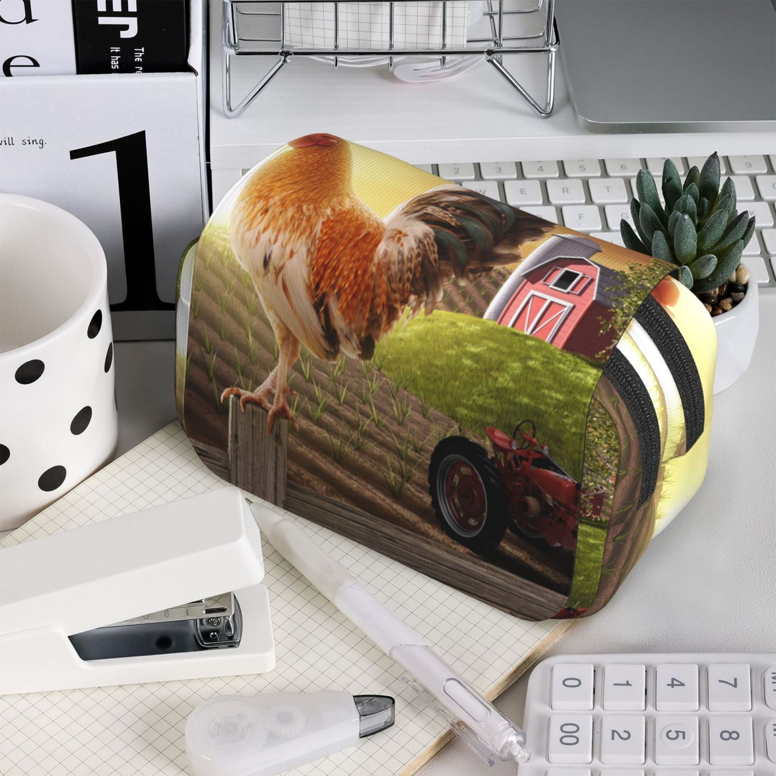 Rateoe Country Farm Morning Rooster Pattern Double Clamshell Pen Case, Storage Organizer with Two Zipper Compartments– Holds Up to 50 Pencils & Pens