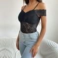 thumbnail image 5 of Lovskoo 2024 Women's One Piece Bodysuit Floral Lace Off Shoulder Short Sleeve Bodycon Bustier Bodysuit Black L, 5 of 9