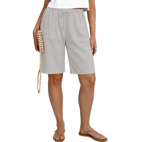 Costeam Womens Linen Blend Drawstring Elastic Waist Bermuda Shorts with Patch Pockets Casual Summer Mid Thigh Shorts