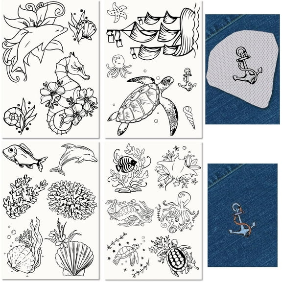 4 Sheets Sea Animal Ocean Water Soluble Embroidery Stabilizers Turtle Seahorse Hand Sewing Stick and Stitch Transfers Paper Wash Away Pre-Printed Self Adhesive Patterns for DIY Cloth Sewing Lover