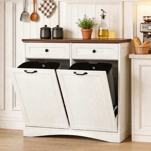 AHB Double Tilt Out Trash Cabinet with Drawers & Handles, Fits Two 13 Gallon Trash Bins for Kitchen, 39.76"L x 13.58"W x 38.58"H, White