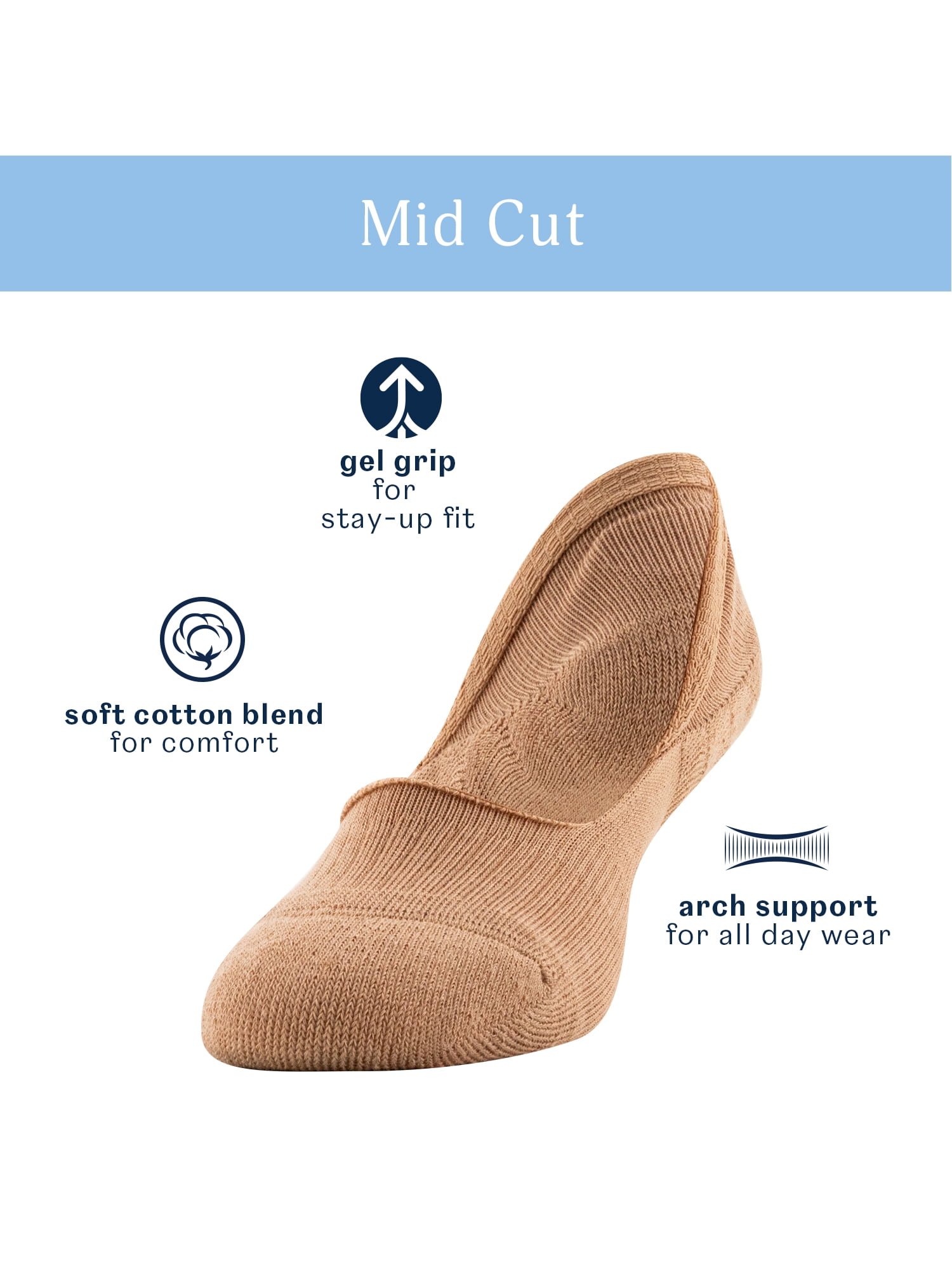 PEDS Women's Cushion Mid Cut Liner No Show Socks Nude, 3 Pairs, Sizes 5-10