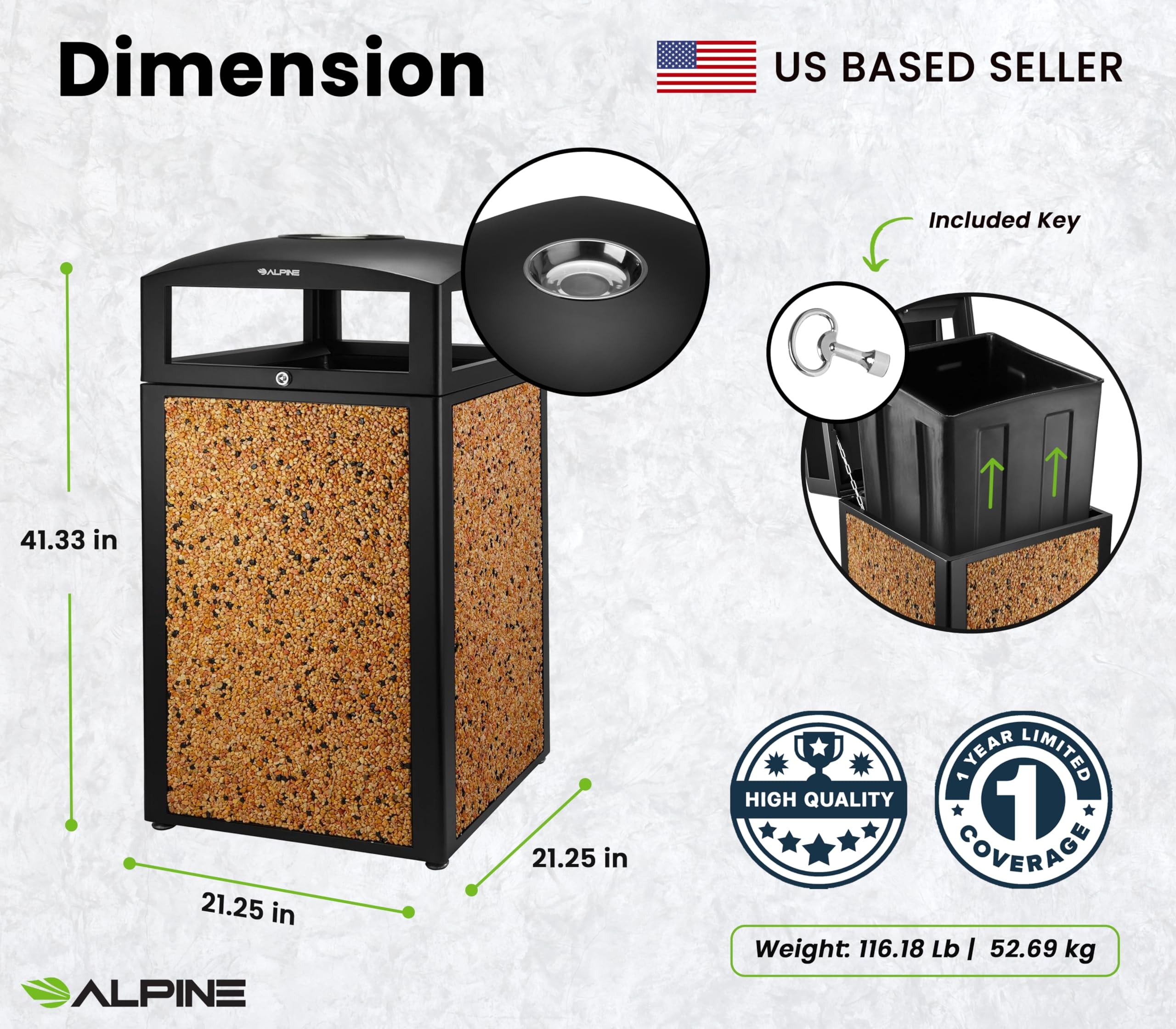 Alpine Outdoor Commercial Trash Can with Lid - 40 Gallon Heavy Duty Metal Garbage Can with Removable Bin, Locking Lid, Perfect for Park, Mall (Black, Brown Stone Panels with Tray)