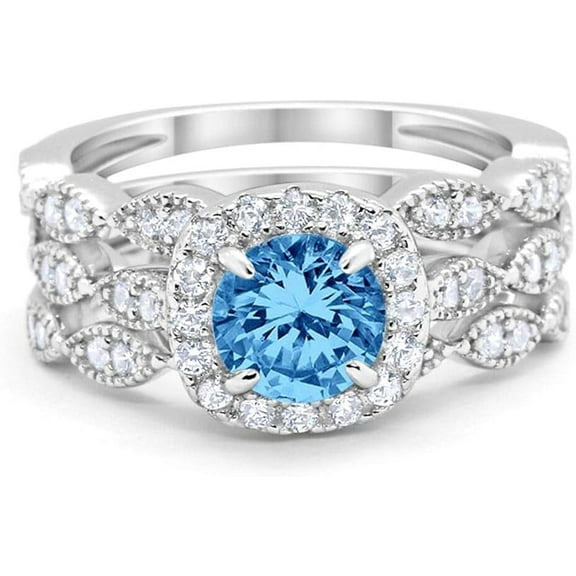 Divine Creation 2.00 Ct Round Cut Blue Topaz Wedding Engagement Bridal Ring Set 14K White Gold Plated 925 Sterling Silver For Women's -6