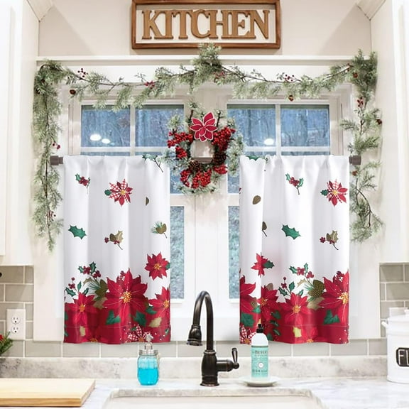 2 Pcs Red Holiday Cafe Curtains for Windows Living Room Blackout Winter Christmas Decorations Window Treatment Valances Small Cabinet Curtains for Kitchen Over Sink, 28x40in