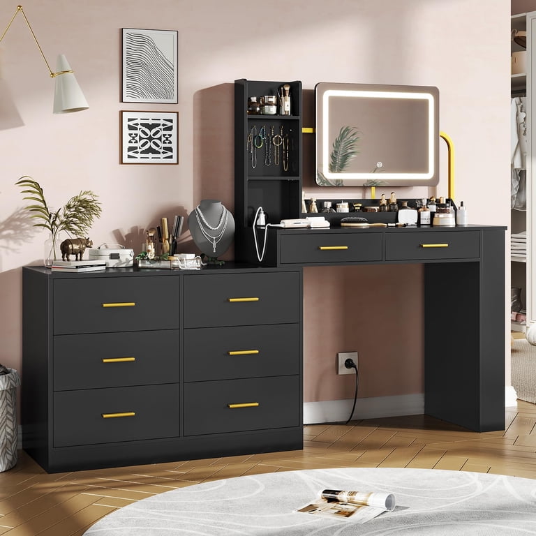 Black Vanity Desk with Mirror and Lights&Charging Station&8 Drawers, Modern  Makeup Vanity Desk Dressing Table with Storage Shelves&Hook for Bedroom -  Walmart.com