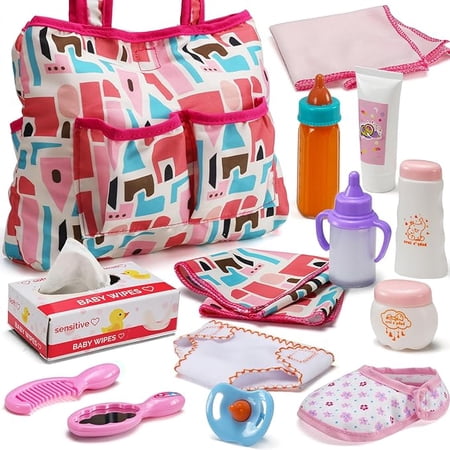 14 Pack Baby Doll Accessories, Baby Doll Feeding and Caring Set Includes Diaper Bag, Doll Diapers, Magic Bottle, Changing Mat for Girl Toddler Kid, Babies Pretend Play