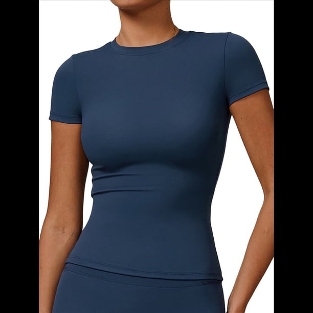 Camiseta Básica de Verano para Mujer, Corta, Cuello Redondo, Corte Ajustado, Top Corto Azul L