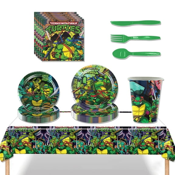 JMOCD 81Pcs Green Ninja Turtle Party Tableware Set, Birthday Party Supplies Decorations Set, Tablecloth,Plates, Napkins,Cutlery,Cups,10 Guests
