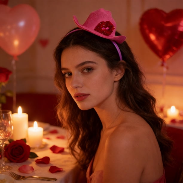 Mini sombrero de vaquero con labios rojos y diamantes de imitación Diadema de plástico