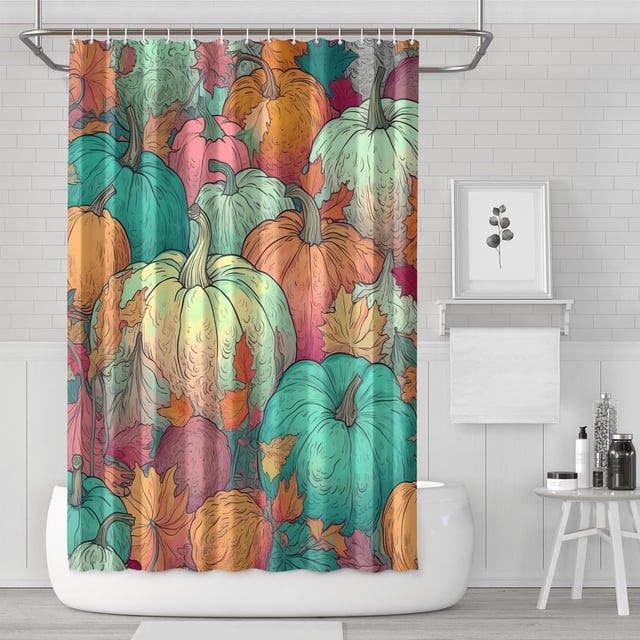 Rideaux de Douche Récolte de Citrouilles d'Automne, Rideau de Spectacle Lavable avec Crochets Tissu Polyester Basique Rideaux de Salle de Bain pour Jour de l'Action de Grâce Fête d'Automne Décoration Maison