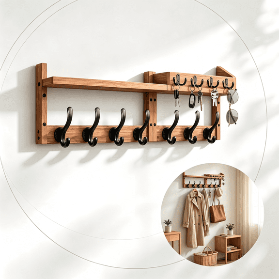 4-in-1 Wall-Mounted Coat Rack with Shelf, 11 Hooks, Key Holder and Mail Organizer, Rustic Wood Entryway Storage for Hallway, Bedroom and Mudroom