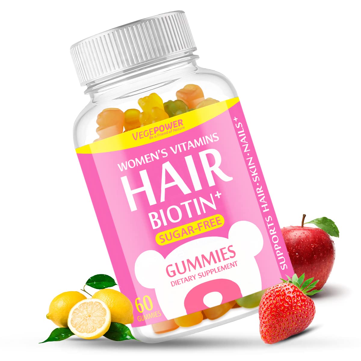 VegePower Biotin Gummies with Hair Vitamins Sugar Free, 10000mcg