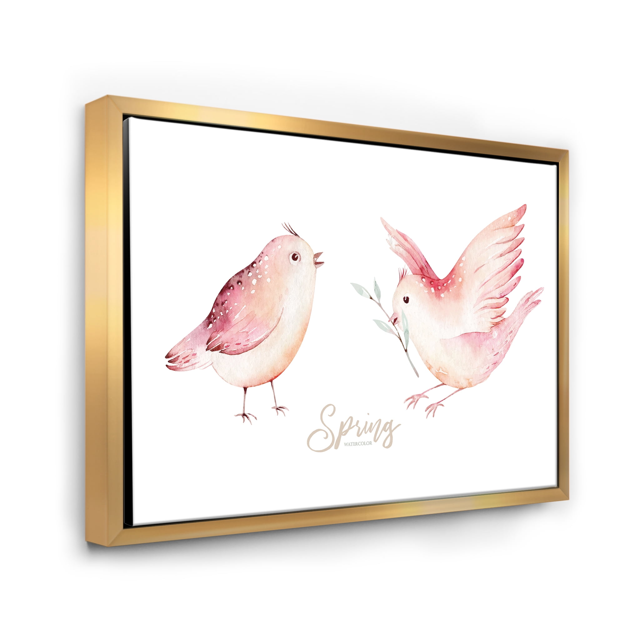 Designart 'Spring Bird With Green Leaves On White' Traditional Framed Canvas Wall Art Print