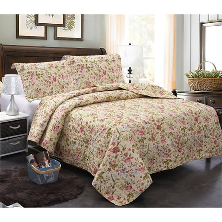 3 piece printed reversible bedding quilt set- quilt and 2 shams, soft &  lightweight full/queen,king
