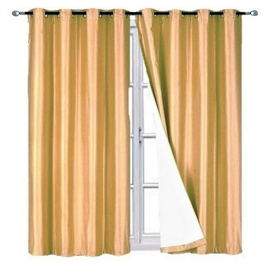 100% Full Room Darkening Adam Blackout Faux Silk Window Curtain 2 Panels Grommets For Bedroom, Living Room 37 inch X 84 inch Gold Color