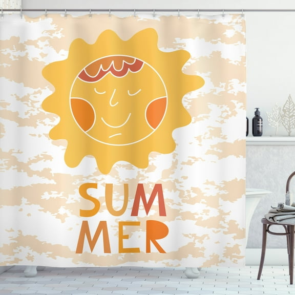 Summer Shower Curtain, Sun Motif on a Grunge Background Cartoon Style Lettering, Fabric Bathroom Set with Hooks, 69W X 70L Inches, Burnt Orange Mustard Peach and White, by Ambesonne