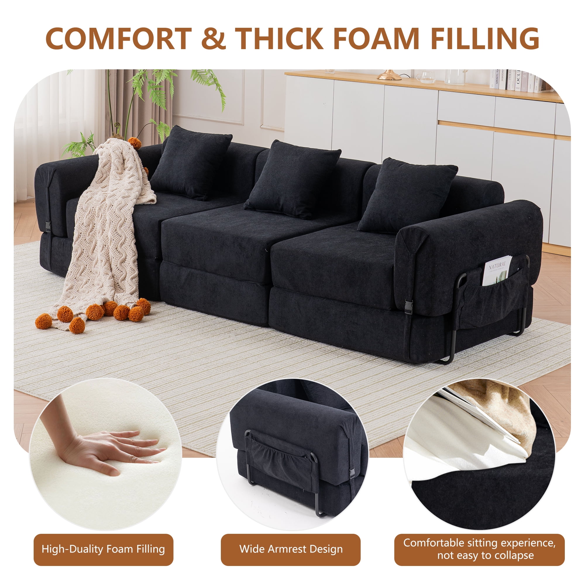 GNIXUU 98.81" Modern Modular Recliner Sofa, Convertible Sleeper Bed,Folding Mattress 3 Seater Couch with Fixed-Shape Frame ,Comfy Lazy Boneless Couches for Living Room Bedroom Lounge,Black