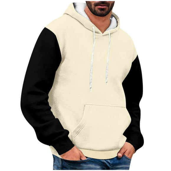 BADHUB Men's Novelty Color Block Pullover Fleece Hoodie Long Sleeve Casual Drawstrings Sweatshirt with Kangaroo Pocket on Clearance Beige,XXL