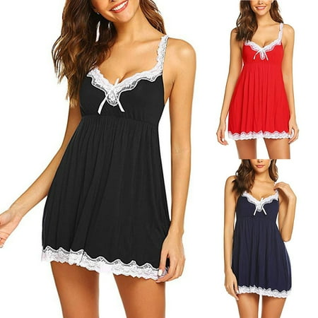 

Foraging dimple Women s Sexy Lingerie Bow Tie Solid Color Lace Trimmed Sling Backless Pajamas Black