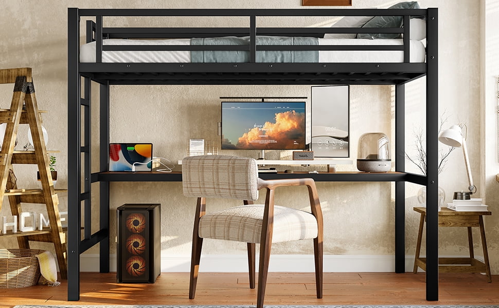 Mintazer Twin Metal Loft Bed with Desk and Charging Station & LED Lights for Bedroom Dorm, Black