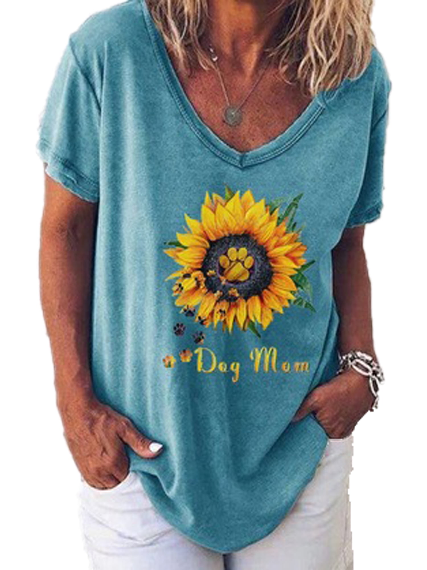 Womens Summer Tops Gradient Sunflower Print Short Sleeve T-Shirt Casual O-Neck T Shirts Graphic Tees Plus Size Tshirts 