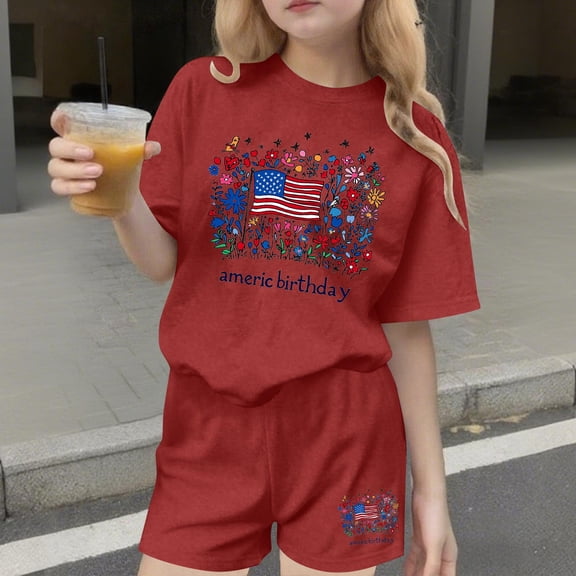 Freshbabe Kids Girls 4th of July Outfit, American Flag Floral Print Crew Neck T-Shirt and Drawstring Shorts Set, Patriotic Summer Vacation Outfits