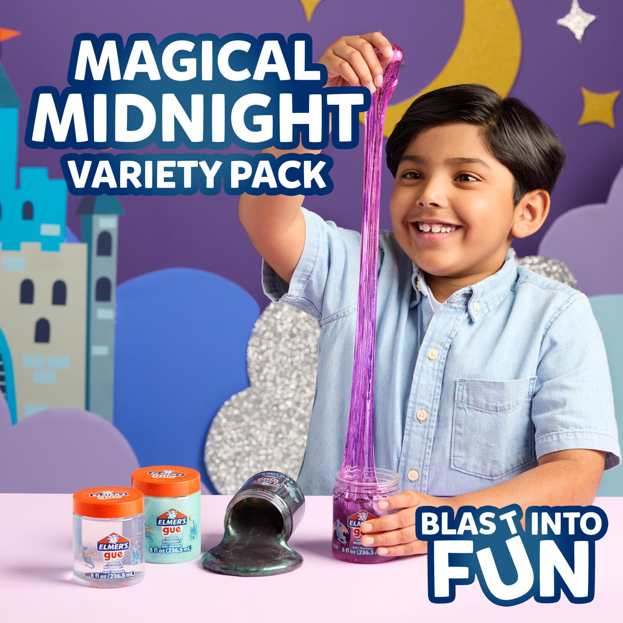 Elmer's Gue Premade Slime, Magical Midnight Variety Pack, Assorted Colors, 8 oz, 4 Count