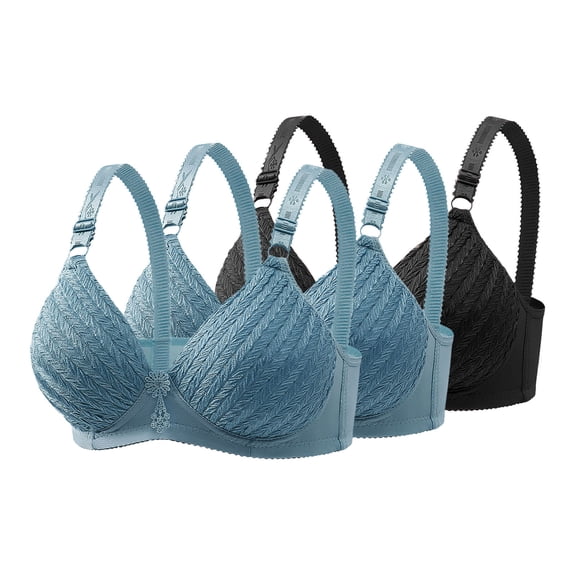 Fatuov Women's Wireless Bras Plus Size Seamless Embroidery Push Up Soft Everyday Bras for Travel Full Coverage Lace T-Shirt Bras, 3-Pack, Black, 40B