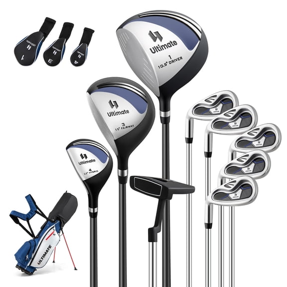Left Handed Complete Golf Club Set with Bag, 3 Woods, 5 Irons, Putter, Blue