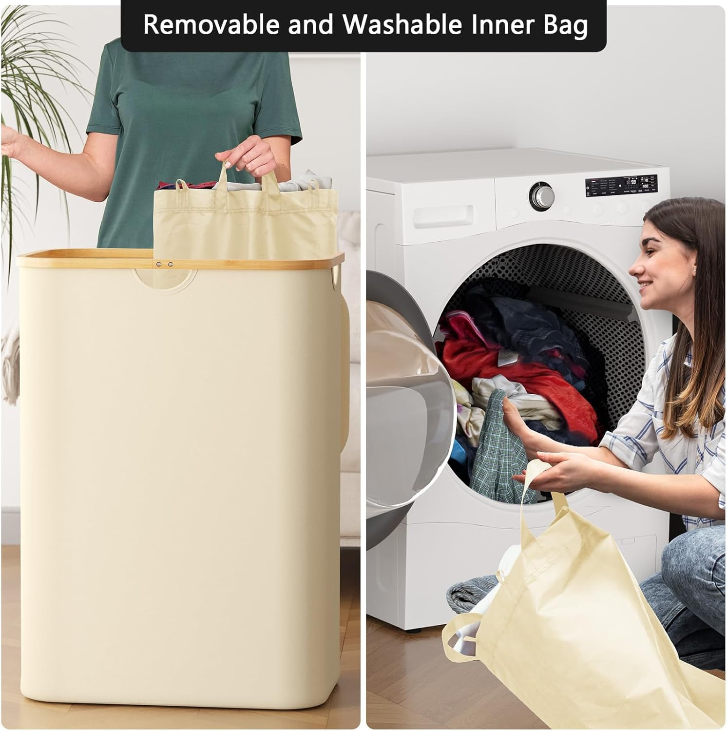 SpaceAid Double Laundry Hamper 2 Section with Lid and Removable Laundry Bags, 160L Clothes Basket, Beige