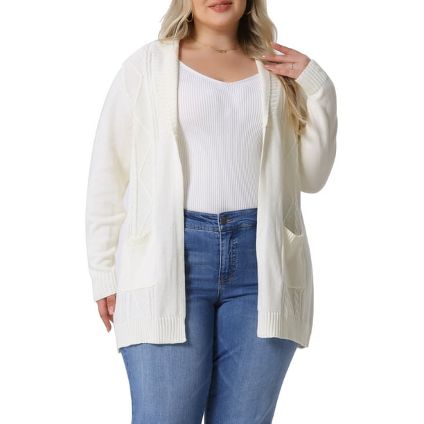 GRACE & GRANDEUR Suéter de manga larga abierto para mujer en tallas grandes, cárdigan de longitud media 4X blanco