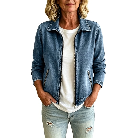 Vibrex Womens Denim Jacket Zip Up Fall Casual Jean Jacket Women’s Long Sleeve Zipper-Pocket Fall Winter Jacket