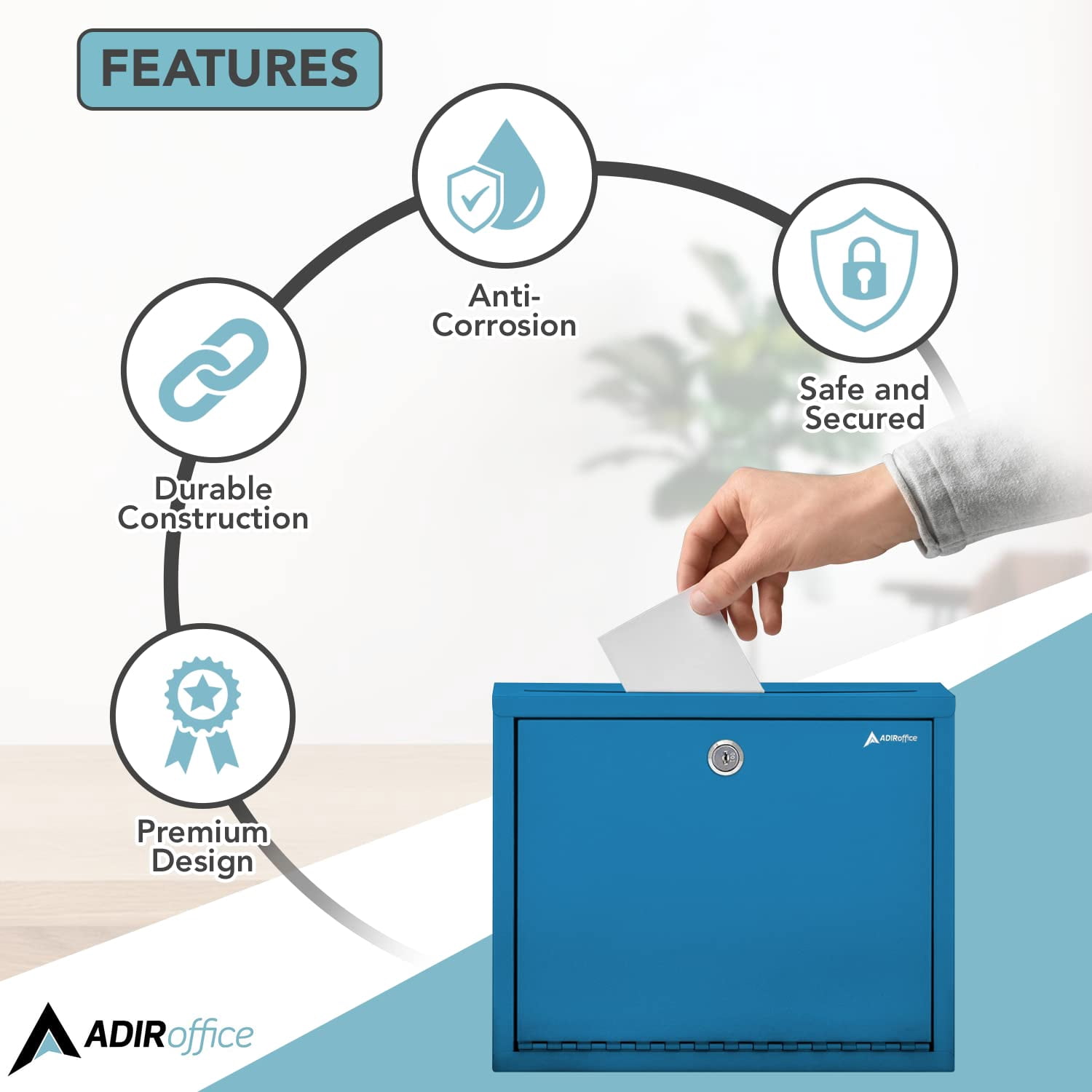 Adir Metal Suggestion Box with Lock and Slot, Wall Mount Deposit Box for Payments and Checks, Mailbox for house, Safe Drop Box with Keys - 3x10x12 Inch Blue