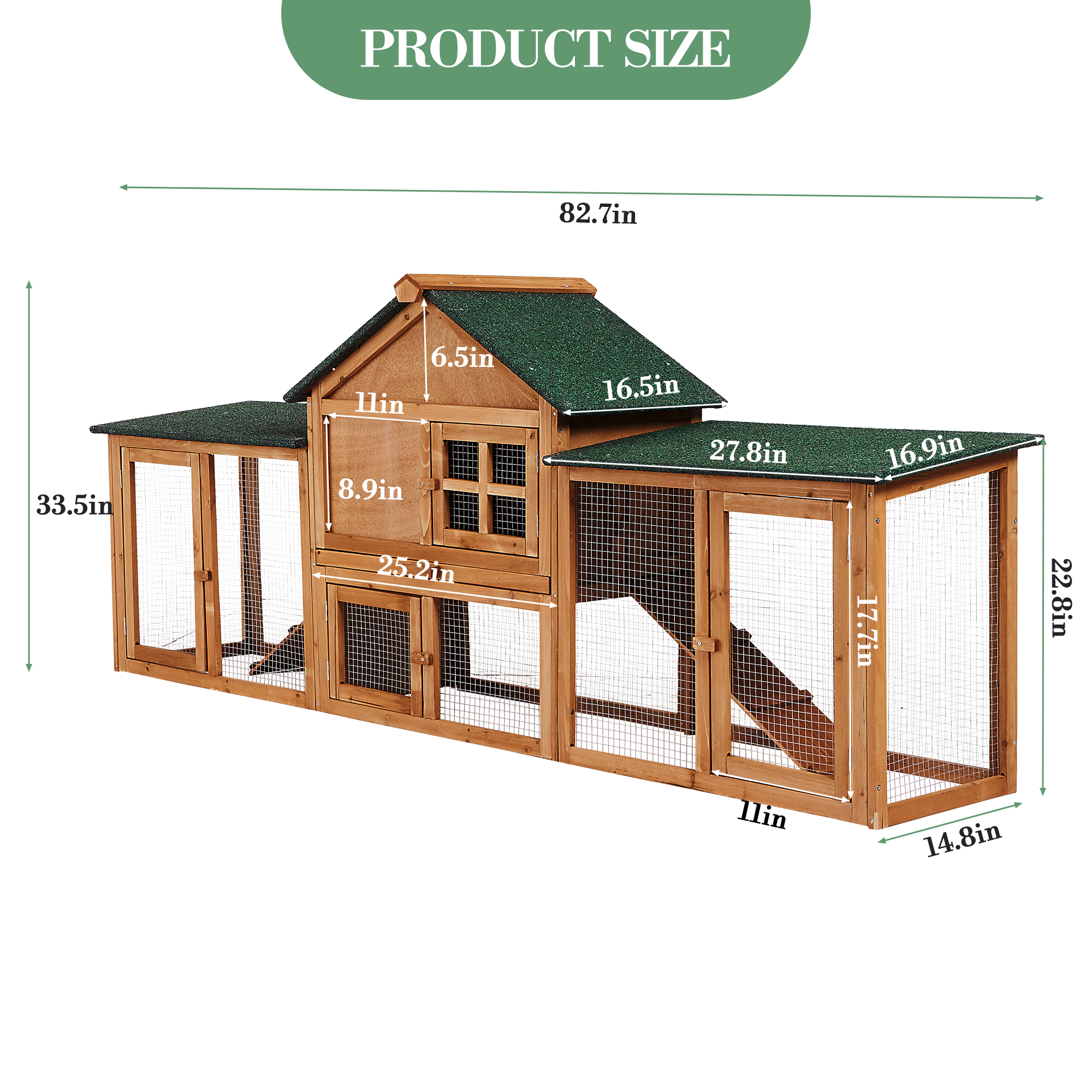 83" Large Outdoor Chicken Coop Rabbit Hutch with Run,Wood Poultry House with Removable Pull-Out Tray & Nesting Box, Weatherproof Small Animal Habitat Cage for Yard & Garden
