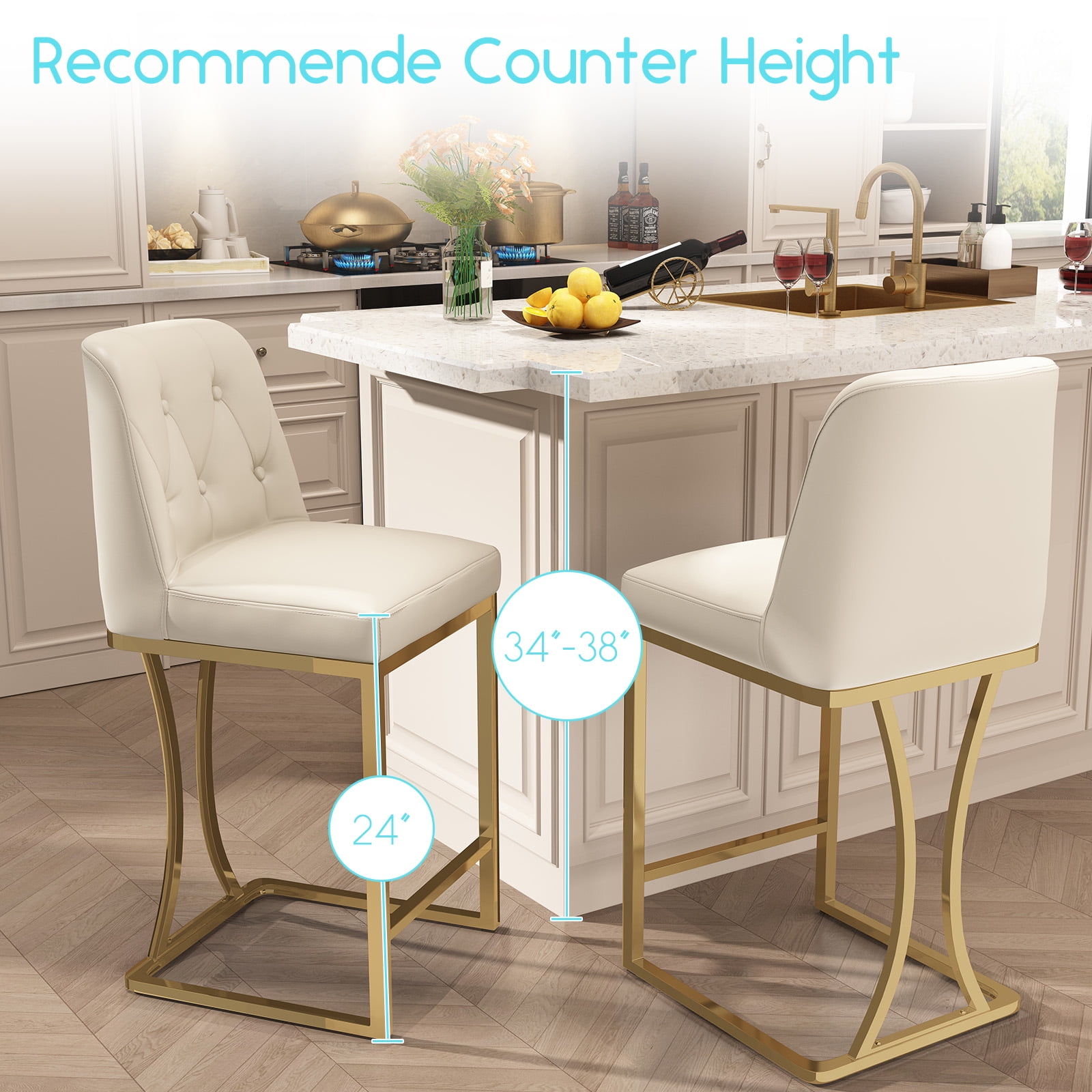 Ninecer 24" Counter Height Bar Stools Set of 2, PU Leather Counter Stool Chairs with Full Back for Home Kitchen Island, Beige & Gold