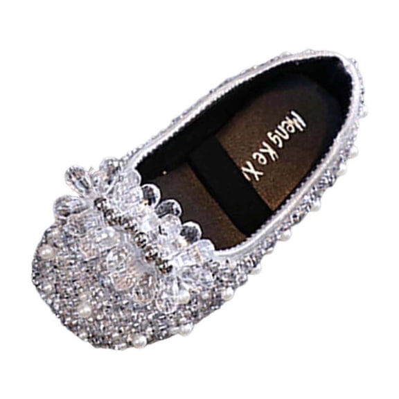 Floleo Girls' Hand-Encrusted Rhinestone Floral Ballet Flats Pearl-Trimmed Elastic Strap Princess Shoes for Toddlers & Little Girls Birthdays Weddings and Special Events(Silver,10-10.5 Years)