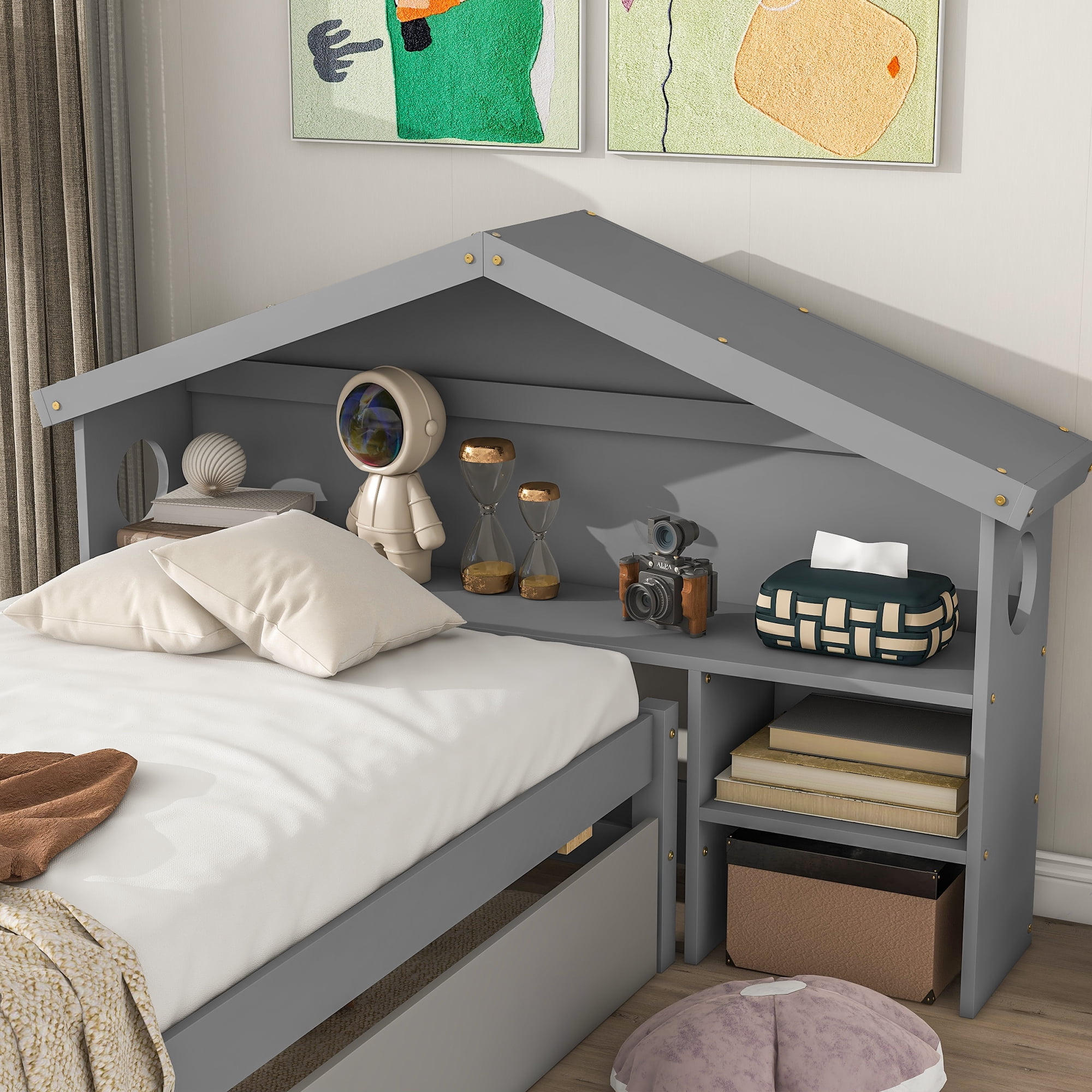 Euroco Wood Twin Size Platform Bed with Trundle and House Shelf for Kids, Grey