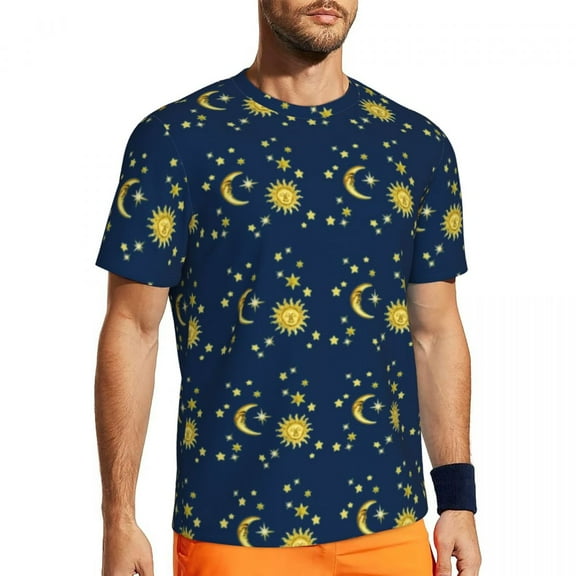 T Shirt For Men Gold Star Print T-Shirt Retro Sun Moon Trending Sports Short-Sleeve Quick Dry Tshirt