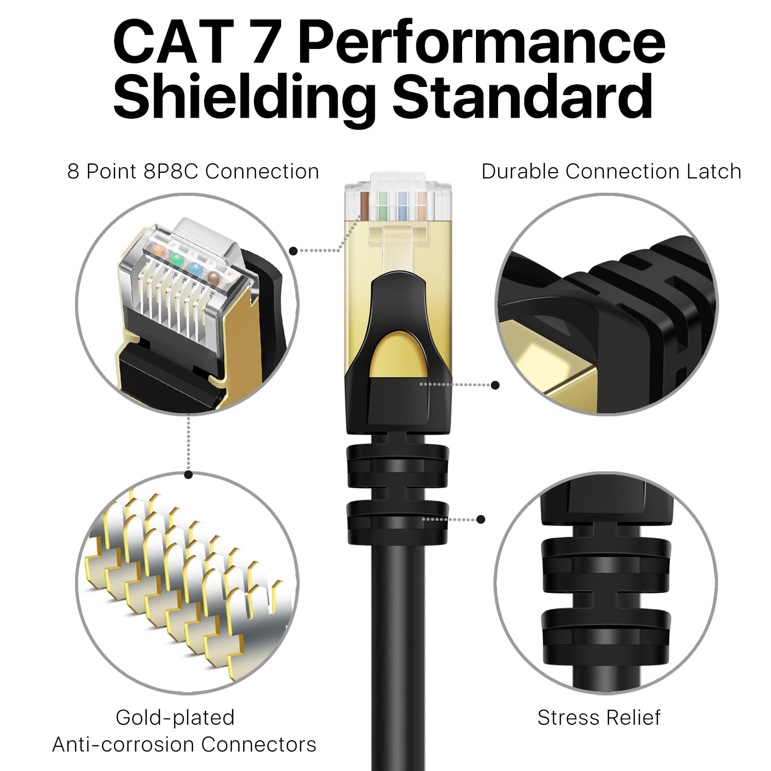 CAT 7 Ethernet Cable 50ft High Speed 10 Gbps 600MHz Black CAT7 Connector  LAN Network Gigabit Internet Wire Patch Cord with Professional S/STP Gold