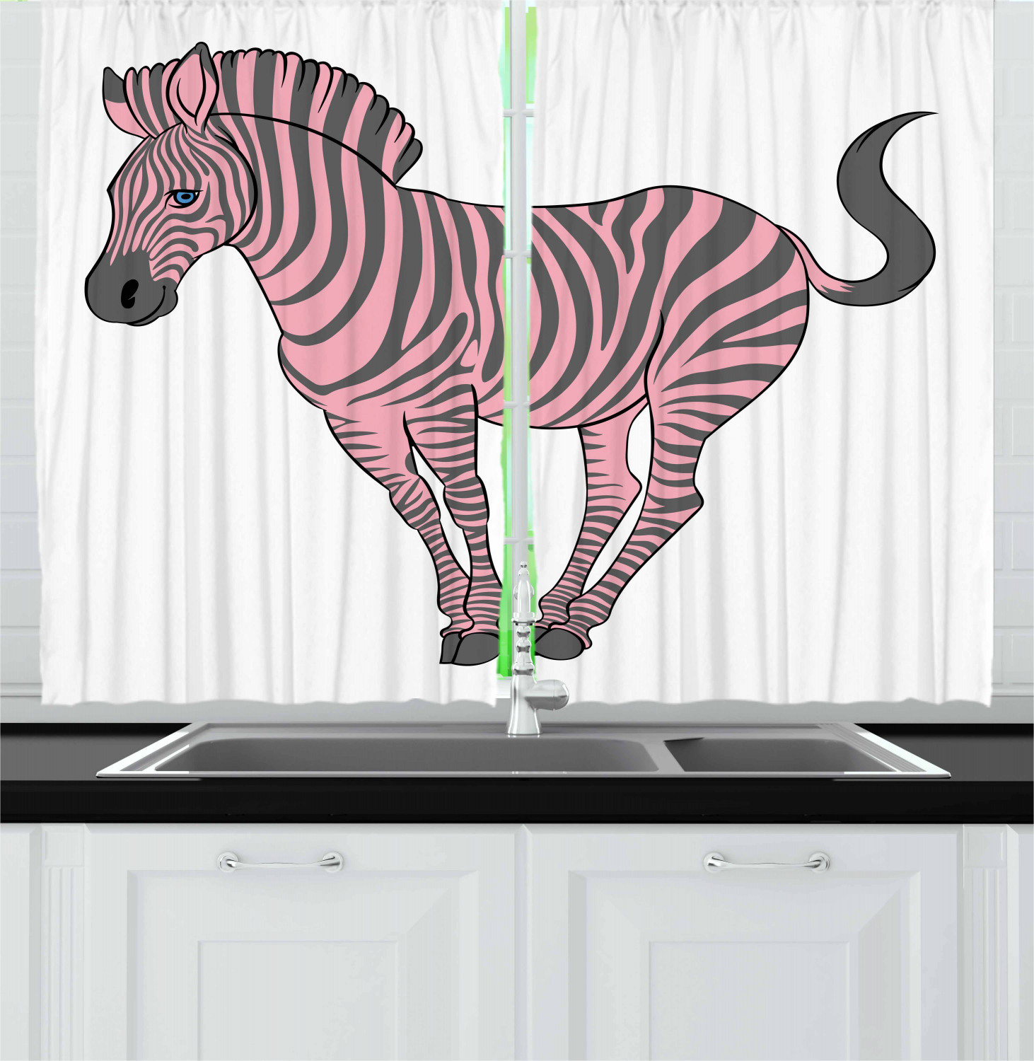Pink Zebra Curtains 2 Panels Set, Naturalistic Baby Zebra in Funny Pose