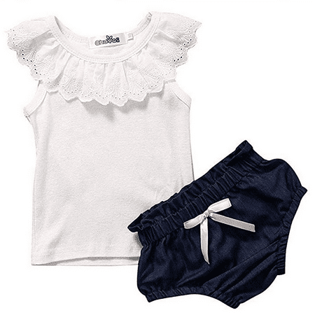 

Baby Little Girls Ruffle Sleeveless Shirt Top Denim Shorts Outfit