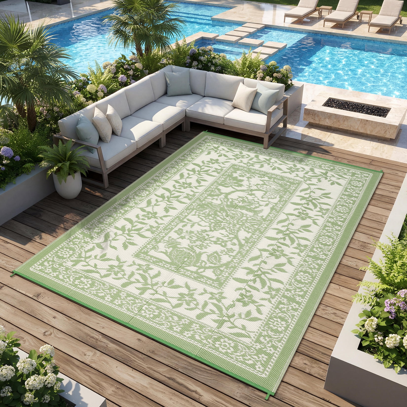 Outdoor Rug, Patio Waterproof, Reversible Plastic Straw Camping Rug, Botanical Grove Vintage Cottage core Outdoor Mat for RV, Deck, Picnic, Beach
