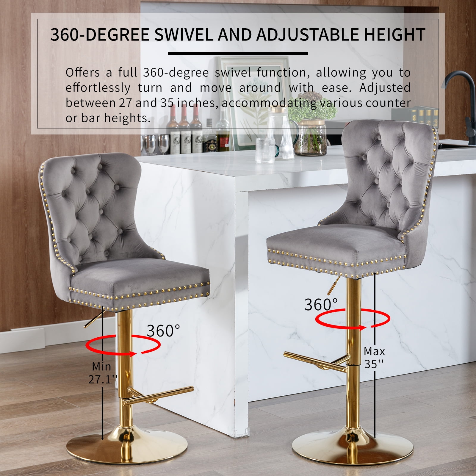 Grey Velvet Swivel Bar Stools Set of 2 with Upholstered Back, Adjustable Counter Height Barstools, Bar Chairs for Home Bar Kitchen Island Pub Restaurant (2 Pcs, Gray)